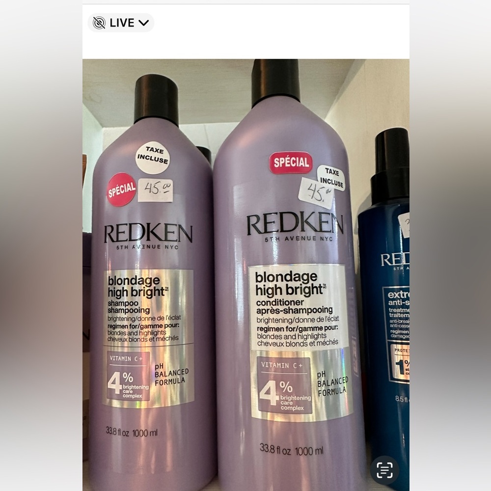 3 produits  ….Shampoo , revitalisant et traitement Redken blindage high bright